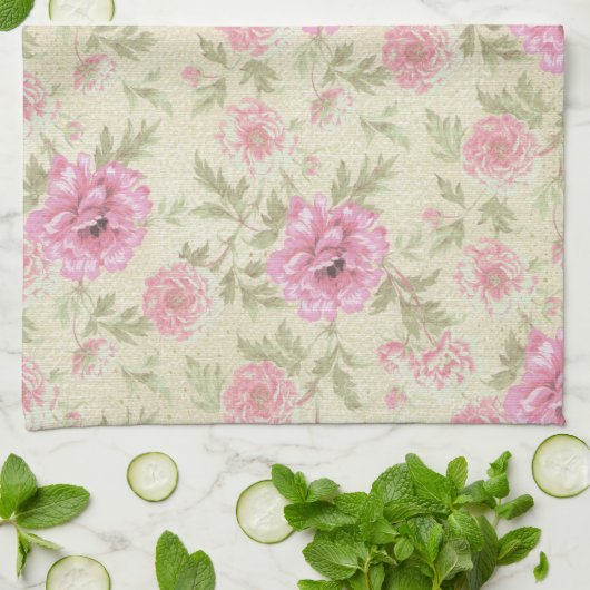 ヴィンテージアンティークピンクローズフローラ植物学 キッチンタオル (折り畳み)