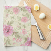 ヴィンテージアンティークピンクローズフローラ植物学 キッチンタオル (四つ折り)