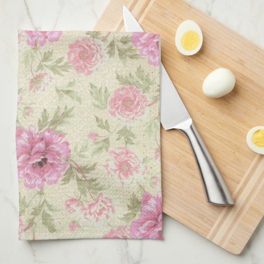 ヴィンテージアンティークピンクローズフローラ植物学 キッチンタオル (四つ折り)