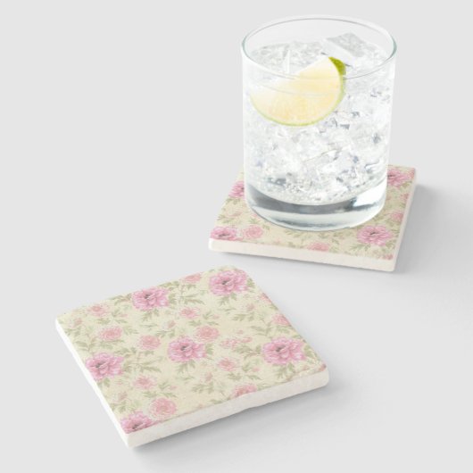 ヴィンテージアンティークピンクローズフローラ植物学 ストーンコースター (横)