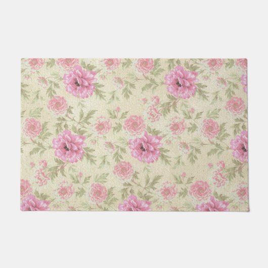 ヴィンテージアンティークピンクローズフローラ植物学 ドアマット (正面)