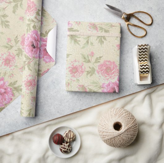 ヴィンテージアンティークピンク水色フローラ植物 ラッピングペーパー (クラフト)