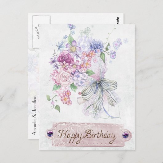 ヴィンテージアンティークフローラブーケハッピーバースデー ポストカード (正面/裏面)