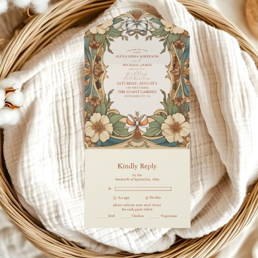 ヴィンテージアンティークフローラ結婚アールヌーボー オールインワン招待状