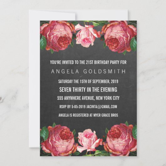 ヴィンテージアンティークフローラ21歳の誕生日招待状 招待状 (正面)