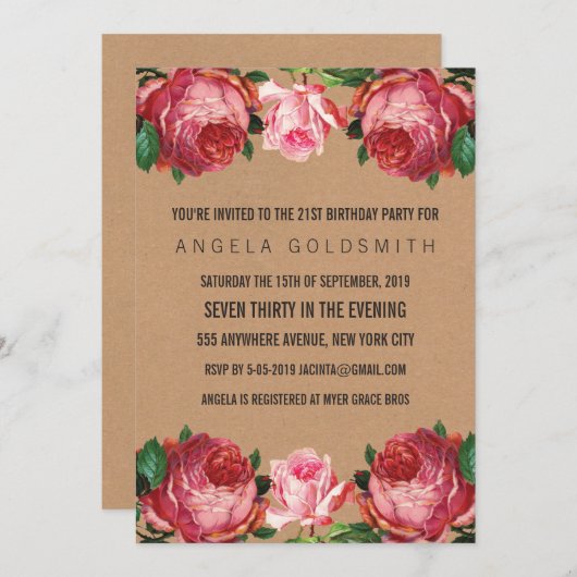 ヴィンテージアンティークフローラ21歳の誕生日招待状 招待状 (正面/裏面)