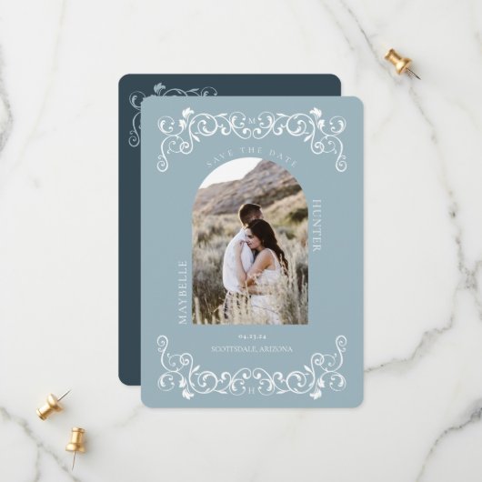 ヴィンテージアンティークフローリッシュスクロールブルーフォト セーブザデート (正面/裏面インサイチュ)