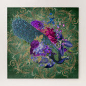 ヴィンテージアンティークブルーとティール（緑がかった色）ピーコックグリーン金ゴールド ジグソーパズル (横)