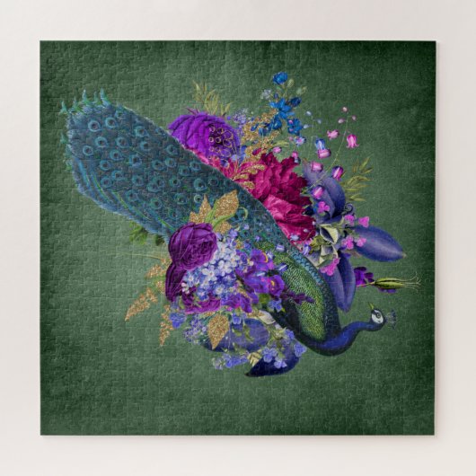 ヴィンテージアンティークブルーとティール（緑がかった色）ピーコックグリーン ジグソーパズル (横)