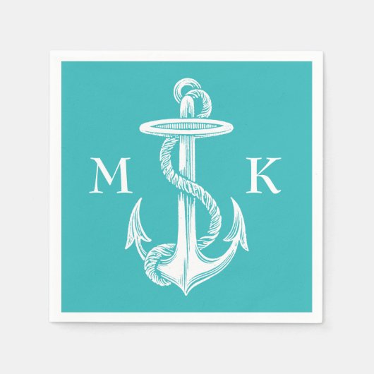 ヴィンテージアンティークホワイトいかりターコイズ背景 スタンダードカクテルナプキン (正面)