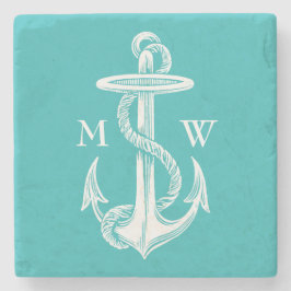 ヴィンテージアンティークホワイトいかりターコイズ背景 ストーンコースター