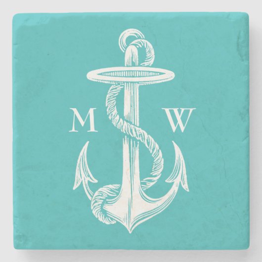 ヴィンテージアンティークホワイトいかりターコイズ背景 ストーンコースター (正面)