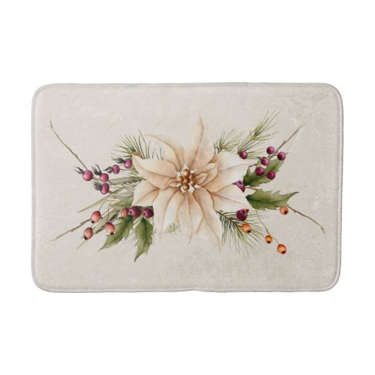 ヴィンテージアンティークホワイトクリスマスポインセチア バスマット (正面)