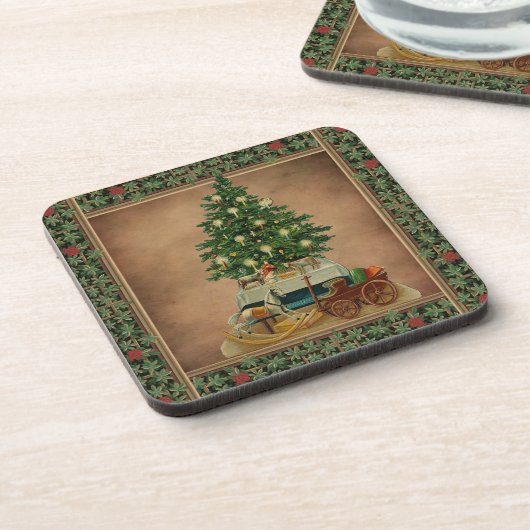 ヴィンテージアンティークメリークリスマスツリーギフトグリーン コースター (左側)