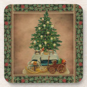 ヴィンテージアンティークメリークリスマスツリーギフトグリーン コースター (正面)