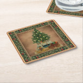 ヴィンテージアンティークメリークリスマスツリーギフトグリーン スクエアペーパーコースター (アングル)