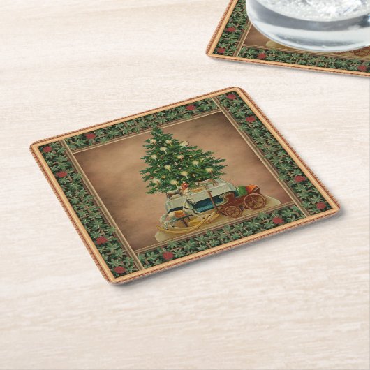ヴィンテージアンティークメリークリスマスツリーギフトグリーン スクエアペーパーコースター (アングル)
