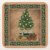 ヴィンテージアンティークメリークリスマスツリーギフトグリーン スクエアペーパーコースター (正面)