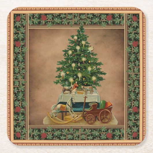 ヴィンテージアンティークメリークリスマスツリーギフトグリーン スクエアペーパーコースター (正面)