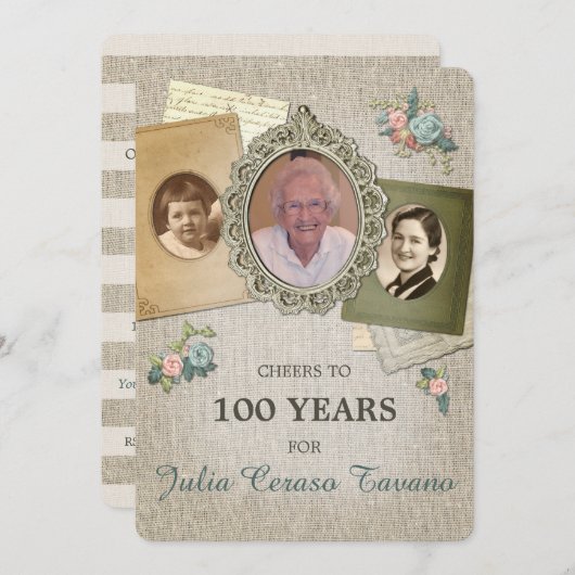 ヴィンテージアンティークリネン |年の写真の選択3 招待状 (正面/裏面)