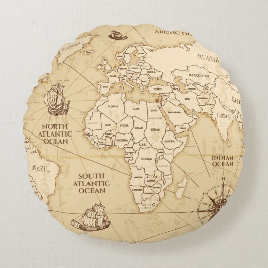 ヴィンテージアンティーク世界地図 ラウンドクッション (正面)