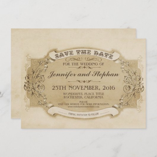 ヴィンテージアンティーク古い日付カードを保存 セーブザデート (正面/裏面)