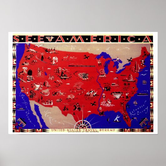 ヴィンテージアンティーク地図アメリカ合衆国 ポスター (正面)