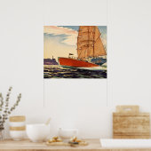 ヴィンテージアンティーク帆船モーターボート海波 ポスター (キッチン)