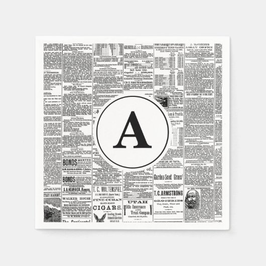 ヴィンテージアンティーク新聞単文字 スタンダードカクテルナプキン (正面)