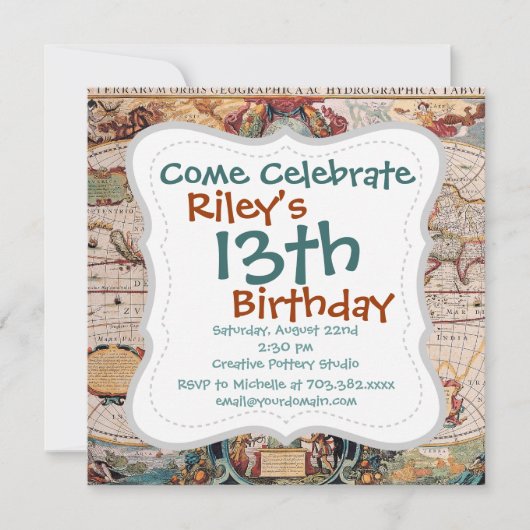 ヴィンテージアンティーク旧世界地図デザインフェードプリント 招待状 (正面)