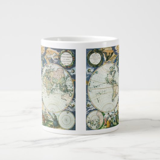 ヴィンテージアンティーク旧世界地図バイピエーター・ゴス, 1666 ジャンボコーヒーマグカップ (正面)