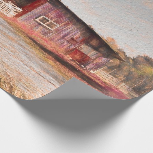 ヴィンテージアンティーク素朴テクスチャスケッチアートレッドバーン ラッピングペーパー (角)