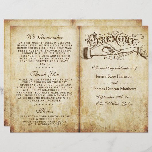 ヴィンテージアンティーク結婚式プログラムのテンプレート (正面/裏面)