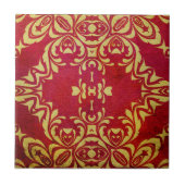 ヴィンテージアンティーク華美金ゴールド及び赤色ダマスクパターン タイル (正面)