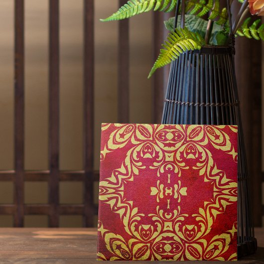 ヴィンテージアンティーク華美金ゴールド及び赤色ダマスクパターン タイル