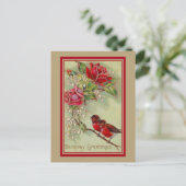 ヴィンテージアンティーク誕生日の挨拶，ロビン，バラ ポストカード (スタンド正面)