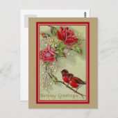 ヴィンテージアンティーク誕生日の挨拶，ロビン，バラ ポストカード (正面/裏面)