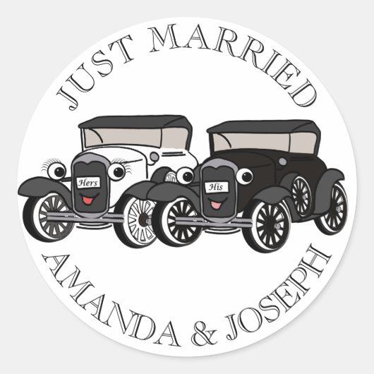ヴィンテージアンティーク車たった今結婚しました ラウンドシール (正面)