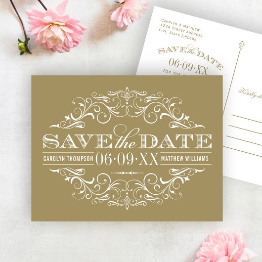 ヴィンテージアンティーク金ゴールドの繁栄の日付の保存 案内ポストカード