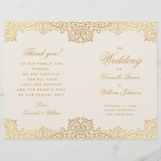 ヴィンテージアンティーク金ゴールドアイボリー折り畳み結婚式 プログラム (正面)