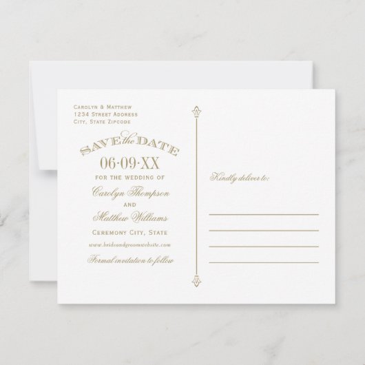 ヴィンテージアンティーク金ゴールドホワイトフローリッシュ日付を保存 セーブザデート (裏面)