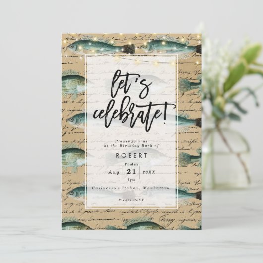 ヴィンテージアンティーク魚誕生日パーティーの招待 招待状 (スタンド正面)