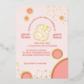 ヴィンテージアンパサンドピンク円レトロ結婚の金ゴールド 箔招待状 (正面)