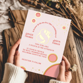 ヴィンテージアンパサンドピンク円レトロ結婚の金ゴールド 箔招待状