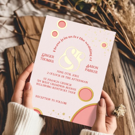 ヴィンテージアンパサンドピンク円レトロ結婚の金ゴールド 箔招待状