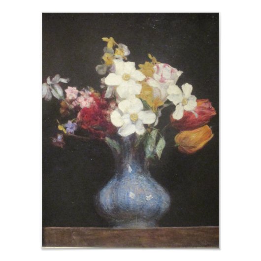 ヴィンテージアンリラトゥールブルー花瓶水仙とチューリップ フォトプリント            (正面)