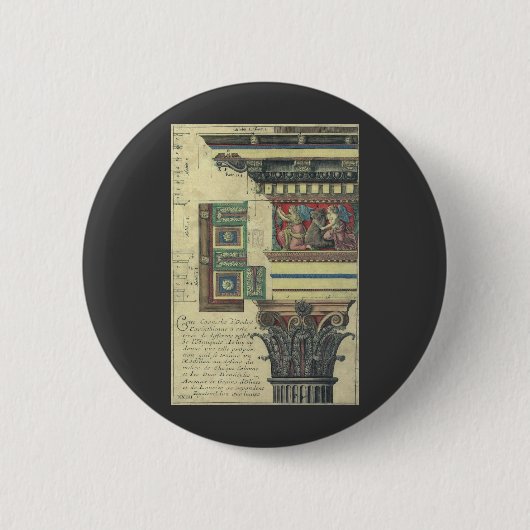 ヴィンテージアーキテクチャ、コーニス成形品付き柱 缶バッジ (正面)