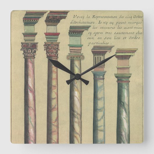 ヴィンテージアーキテクチャ、5つのアーキテクチャの命令 スクエア壁時計 (正面)