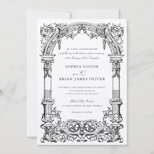 ヴィンテージアーチつる植物オーナメントフレームクエレガントラフト 招待状 (正面)