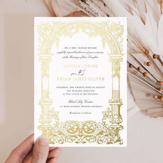 ヴィンテージアーチつる植物オーナメントフレーム実在金ゴールド 箔招待状